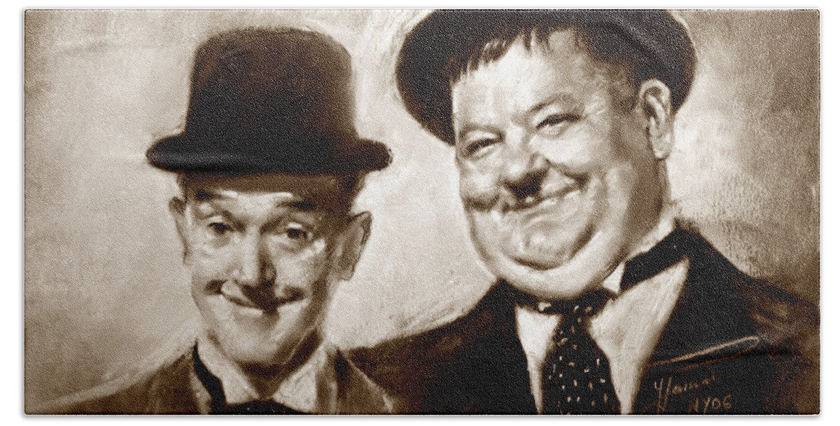 Stan Laurel Hand Towel featuring the drawing Stan Laurel Oliver Hardy by Ylli Haruni