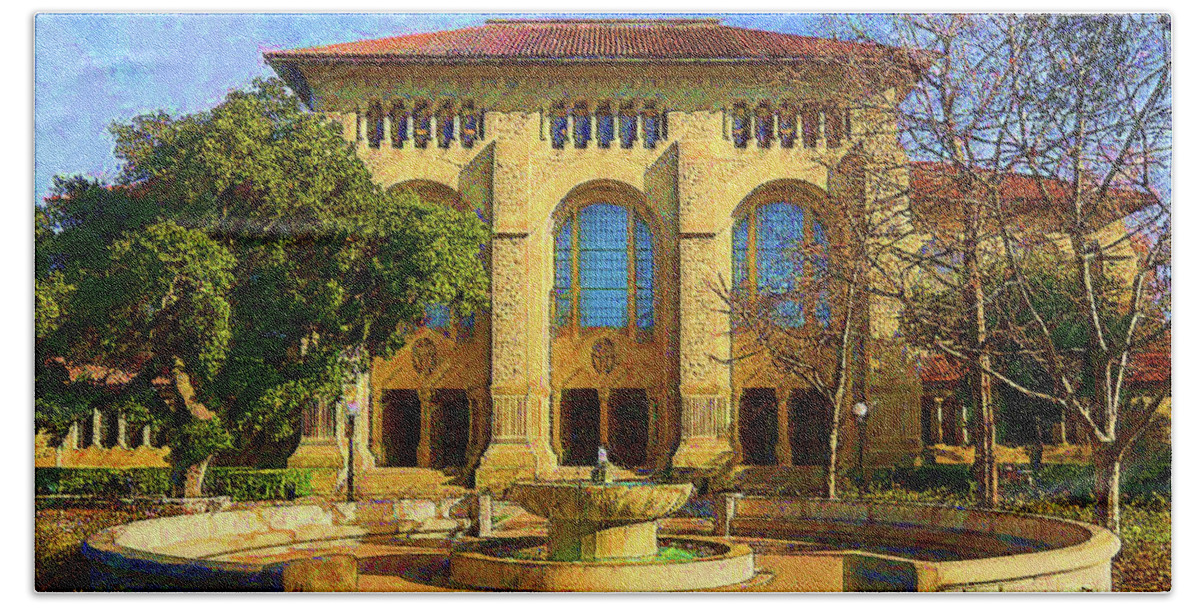 Stanford Bath Towel featuring the mixed media Stanford University by DJ Fessenden