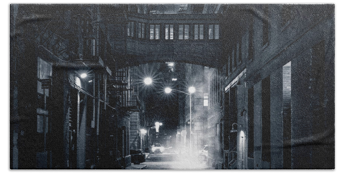 Alley Bath Towel featuring the photograph Staple street skybridge by night by Mihai Andritoiu