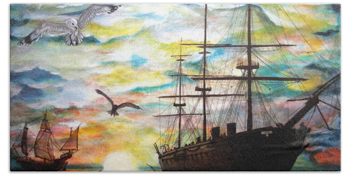 Ships Bath Towel featuring the painting Starboard Flight by Vallee Johnson