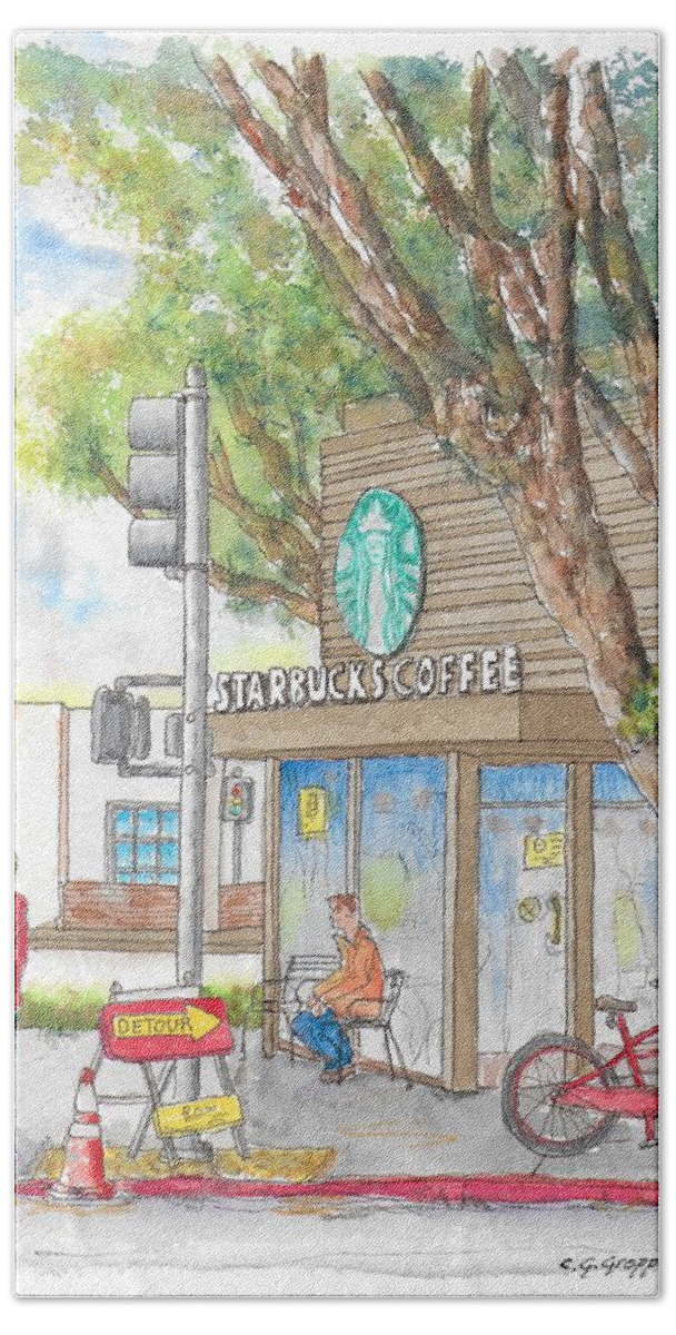Starbucks Coffee Bath Towel featuring the painting Starbucks Coffee in Robertson and Beverly Blvd., Beverly Hills, CA by Carlos G Groppa