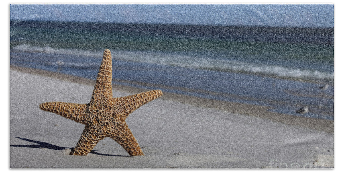 Starfish Bath Towel featuring the photograph Starfish standing on the beach by Anthony Totah
