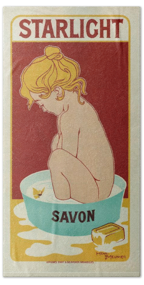 Starlight Hand Towel featuring the mixed media Starlight Savon - Bathing Soap - Vintage Soap Advertising Poster by Studio Grafiikka