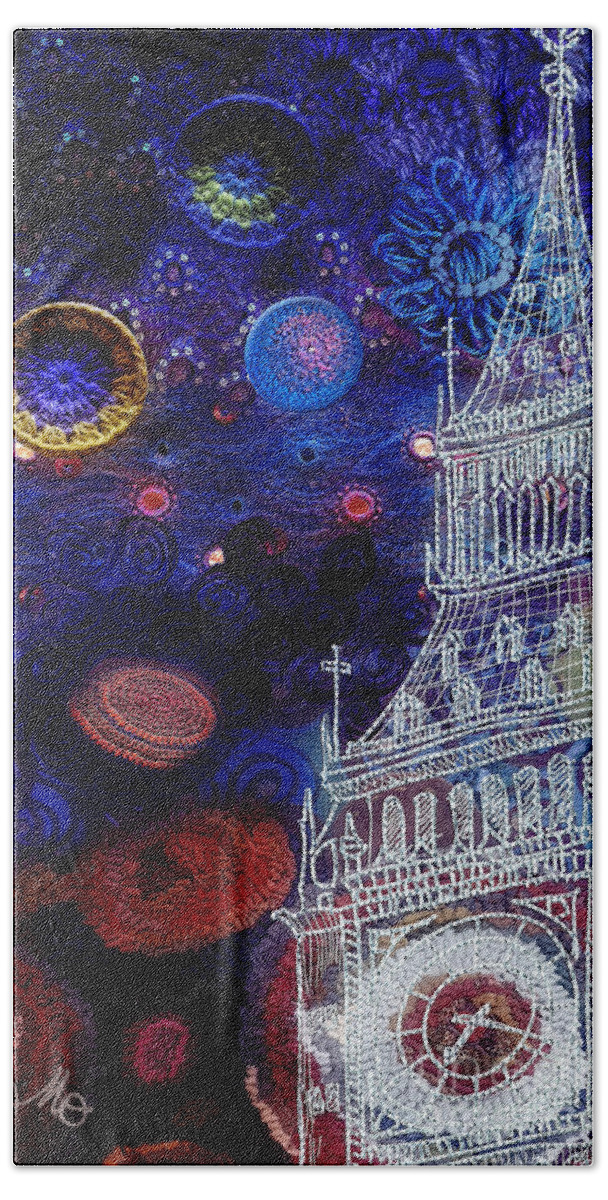 Starry Night In London Bath Sheet featuring the mixed media Starry Night in London by Mo T