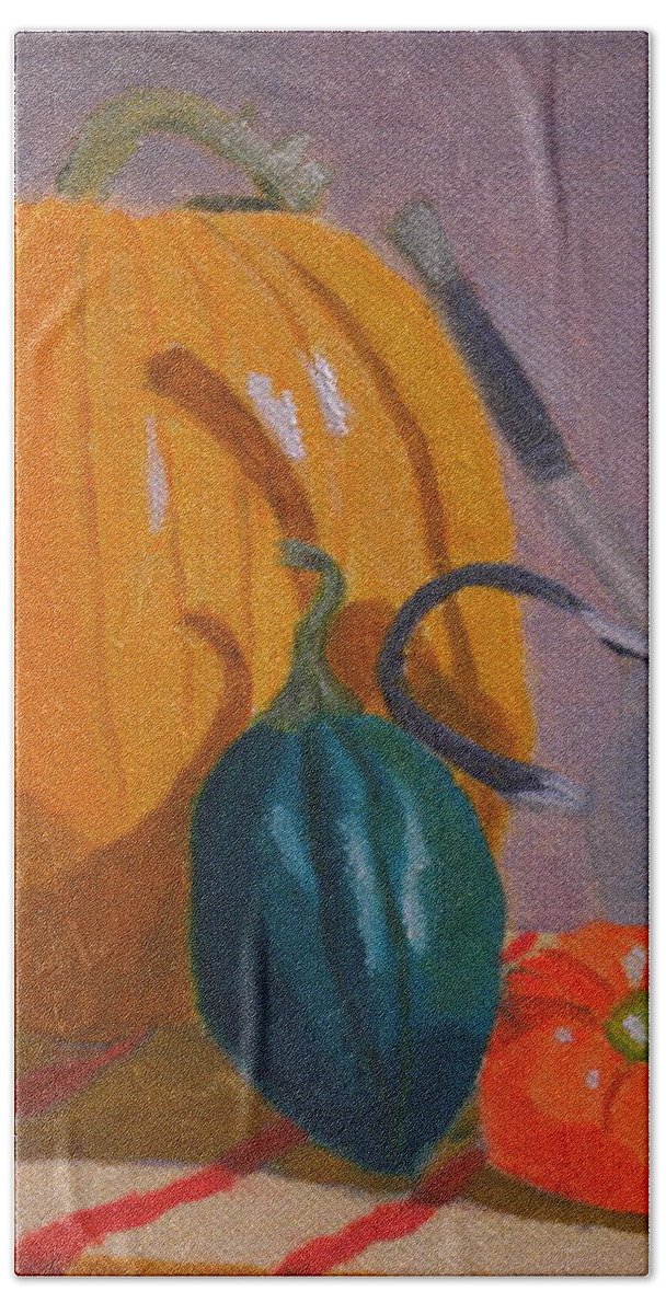 Still Life Pumpkin Squash Fall Harvest Hand Towel featuring the painting Start Of Fall by Scott W White