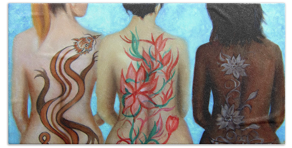 Tattooed Women Nudes Bath Towel featuring the painting Tattooed Stately Curves by Leonardo Ruggieri