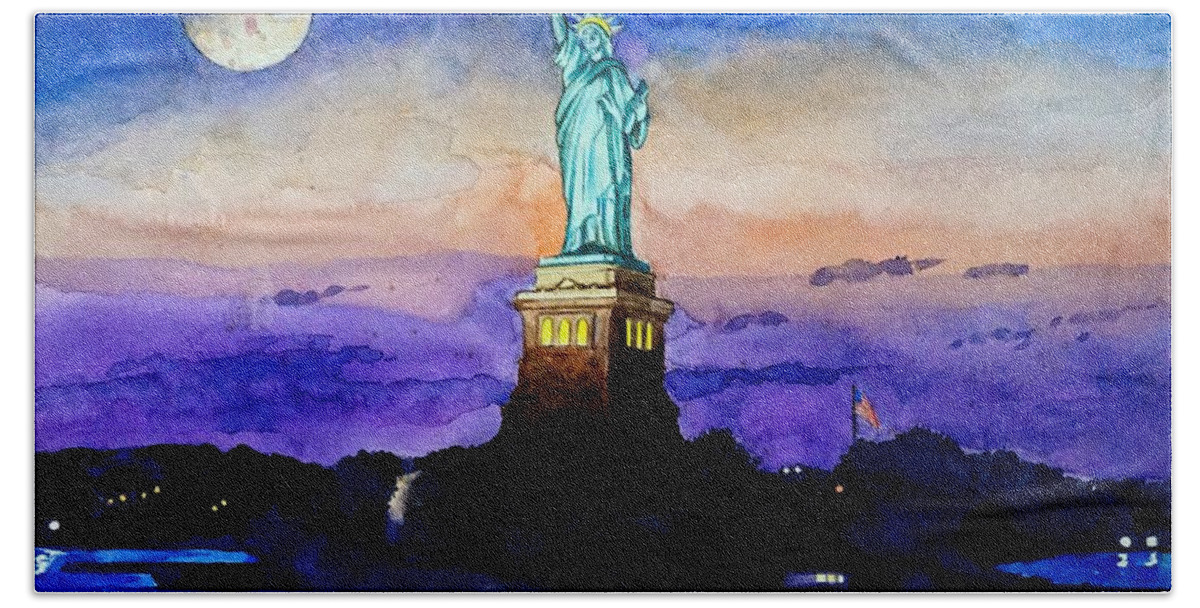Statue Of Liberty Bath Towel featuring the painting Statue of Liberty New York by Christopher Shellhammer