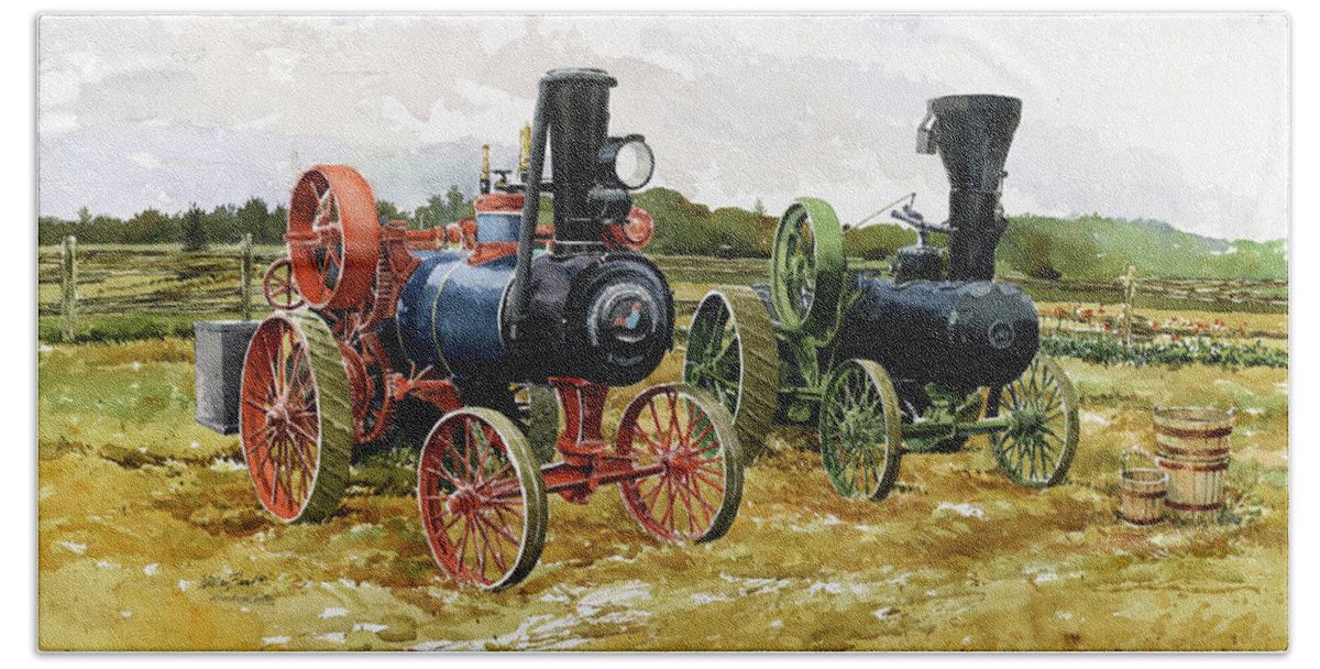 Steam Era Hand Towel featuring the painting Steam Era by William Band