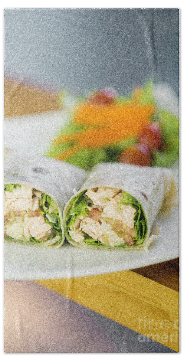 Conscious Bath Towel featuring the photograph Steamed Salmon And Salad Wrap by JM Travel Photography