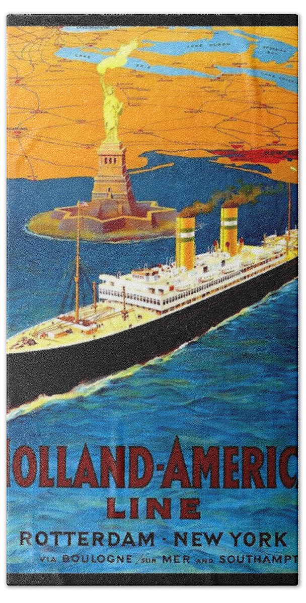 Ship Bath Towel featuring the painting Steamer ship with Statue of Liberty in backdrop - Vintage Travel Poster for Holland-America Line by Studio Grafiikka