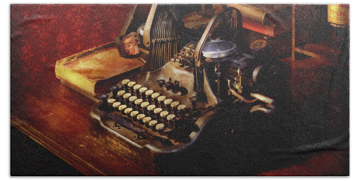 Steampunk Bath Towel featuring the photograph Steampunk - Oliver's typing machine by Mike Savad