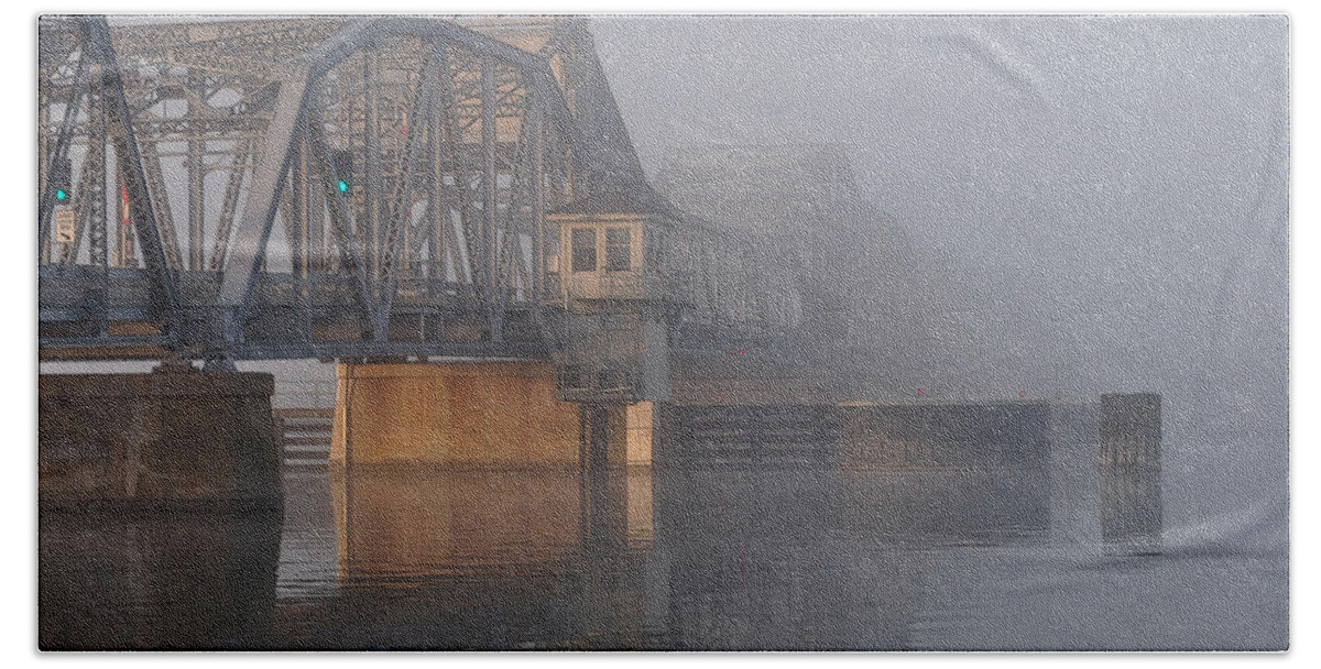 Steel Bridge Bath Towel featuring the photograph Steel Bridge in Fog by Tim Nyberg