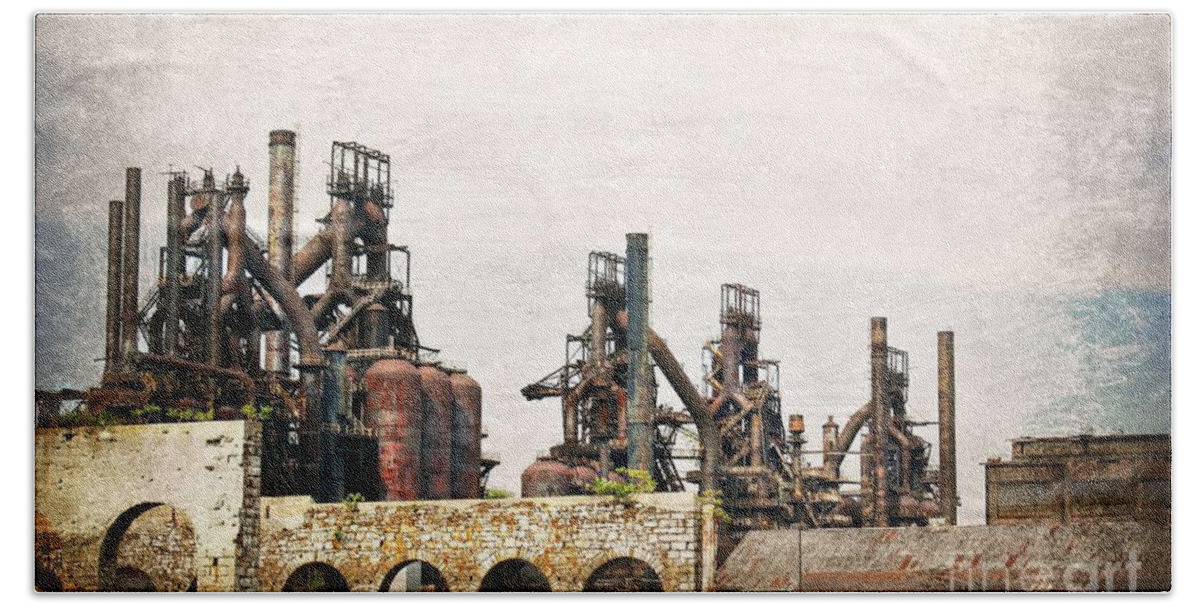 Steel Stacks Bath Towel featuring the photograph Steel Stacks by Beth Ferris Sale