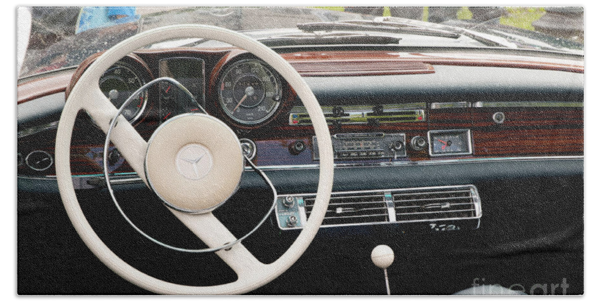 1940-1980 Hand Towel featuring the photograph Steering wheel in old Mercedes by Arletta Cwalina