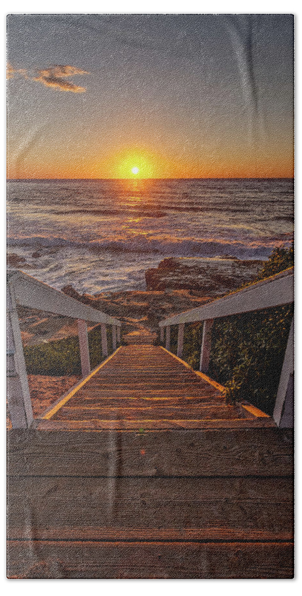 Beach. Beach Art Bath Towel featuring the photograph Steps to the Sun by Peter Tellone