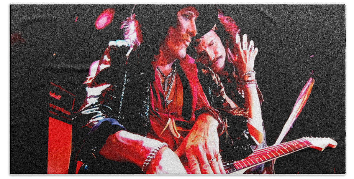 Aerosmith Hand Towel featuring the photograph Steven Tyler And Joe Perry by Debbie Oppermann