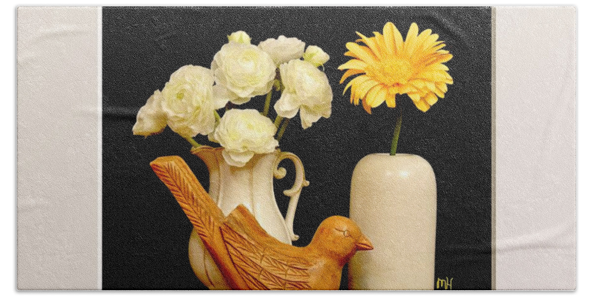 Photo Bath Towel featuring the photograph Still Life Flowers with Wood Carved Bird by Marsha Heiken