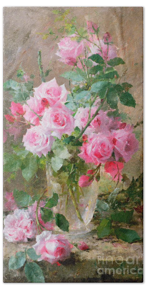 Still Hand Towel featuring the painting Still life of roses in a glass vase by Frans Mortelmans