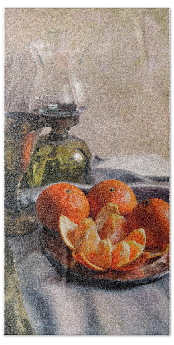 Still Life Hand Towel featuring the photograph Still life with fresh tangerines and oil lamp by Jaroslaw Blaminsky