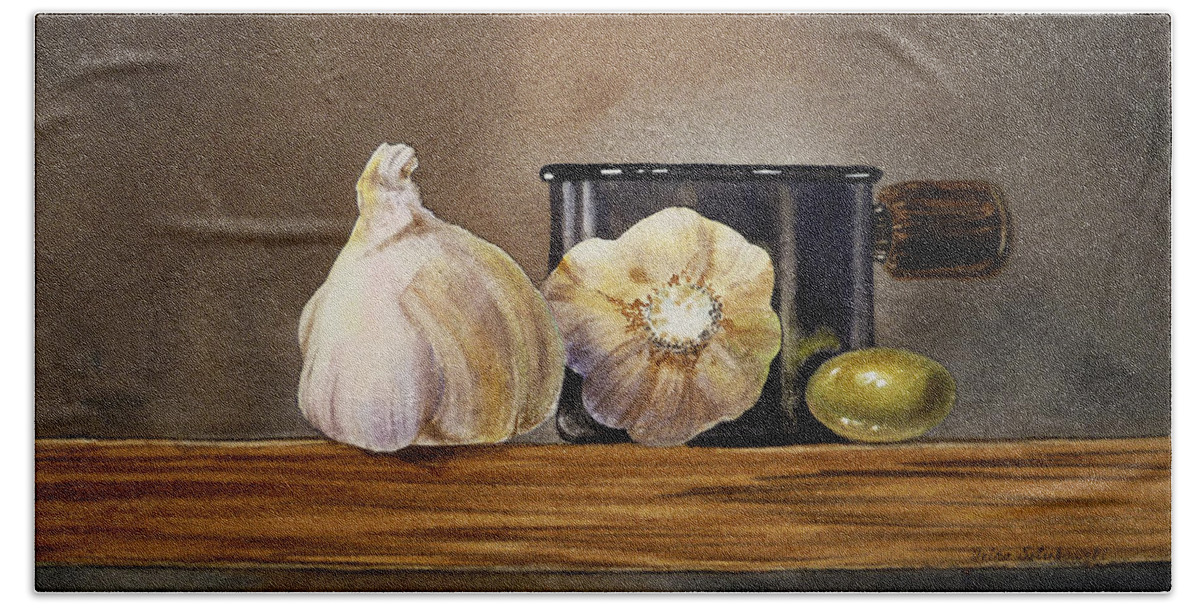 Garlic Bath Towel featuring the painting Still Life With Garlic and Olive by Irina Sztukowski