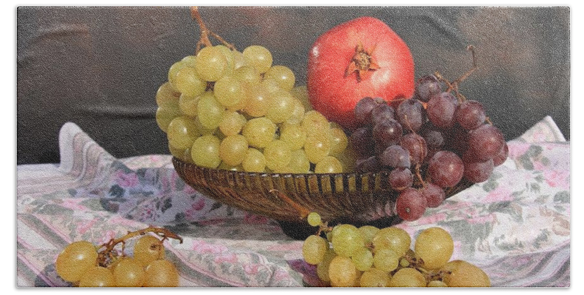 Still Life Hand Towel featuring the digital art Still Life With Glass Dish, Fruit And Tablecloth L A S by Gert J Rheeders