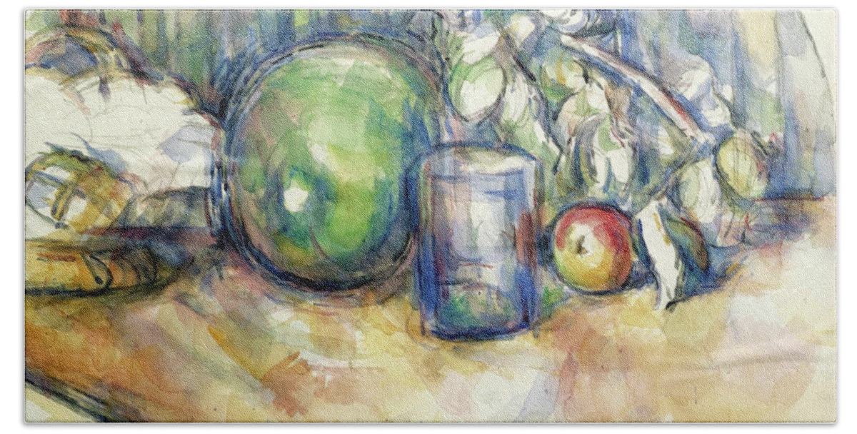 Paul Cezanne Bath Towel featuring the painting Still Life with Green Melon by Paul Cezanne
