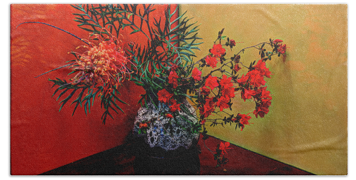 Still Life Hand Towel featuring the photograph Still life with Grevillea banksii and Azalea by Andrei SKY