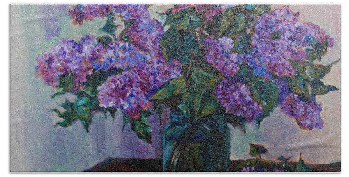 Flowers Bath Towel featuring the painting Still life with lilac by Maxim Komissarchik