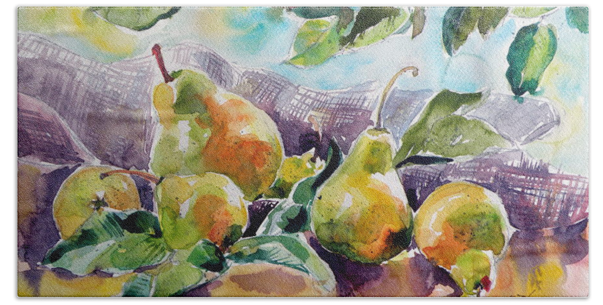 Still Life Hand Towel featuring the painting Still life with pears by Kovacs Anna Brigitta