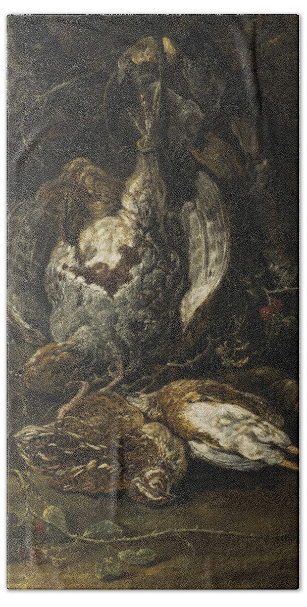 17th Century Art Bath Towel featuring the painting Still Life with Quails and a Partridge by Jan Fyt