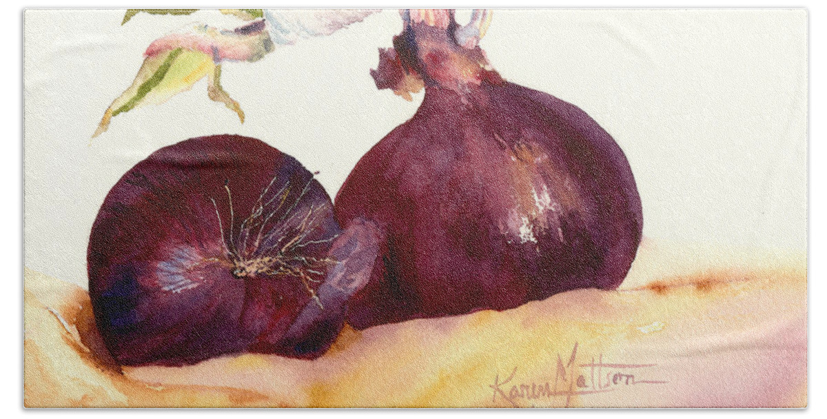 Red Onions Hand Towel featuring the painting Still Life With Red Onions by Karen Mattson