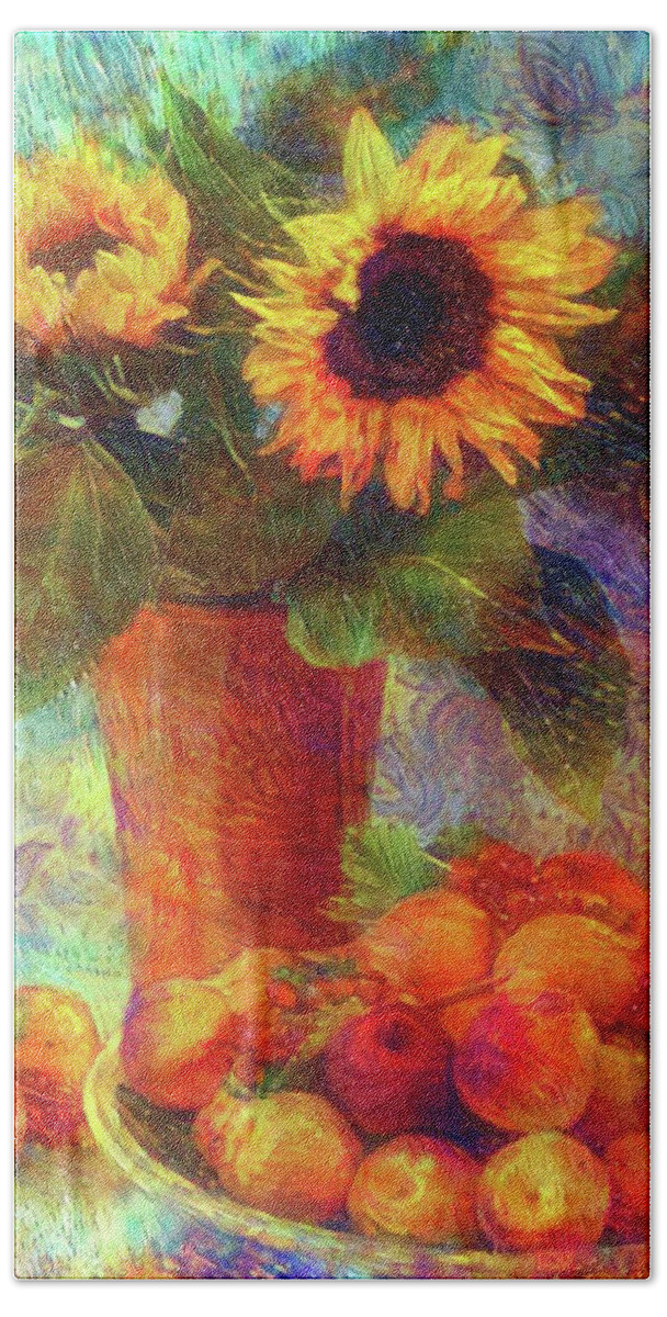 Still Life With Sunflower Bath Towel featuring the mixed media Still life with Sunflower 2 by Lilia S