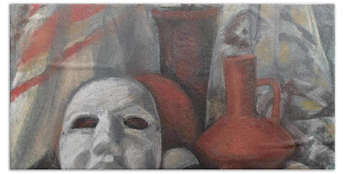 Soff Pastels Hand Towel featuring the pastel Still life with the mask by Julia Khoroshikh