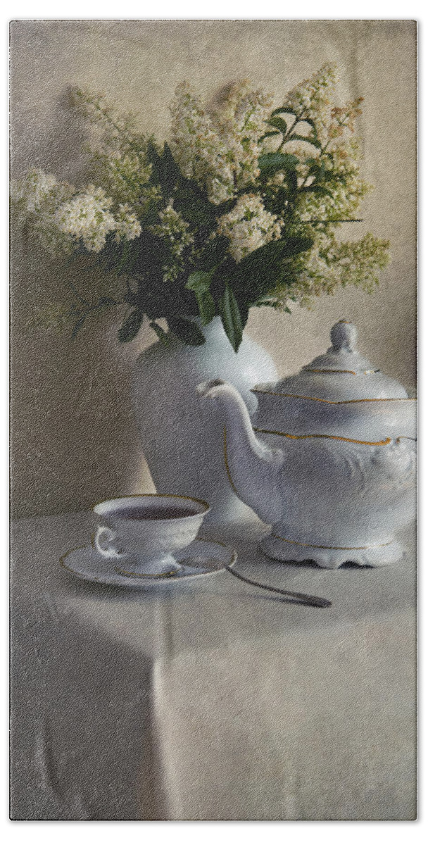 Still Life Bath Towel featuring the photograph Still life with white tea set and bouquet of white flowers by Jaroslaw Blaminsky