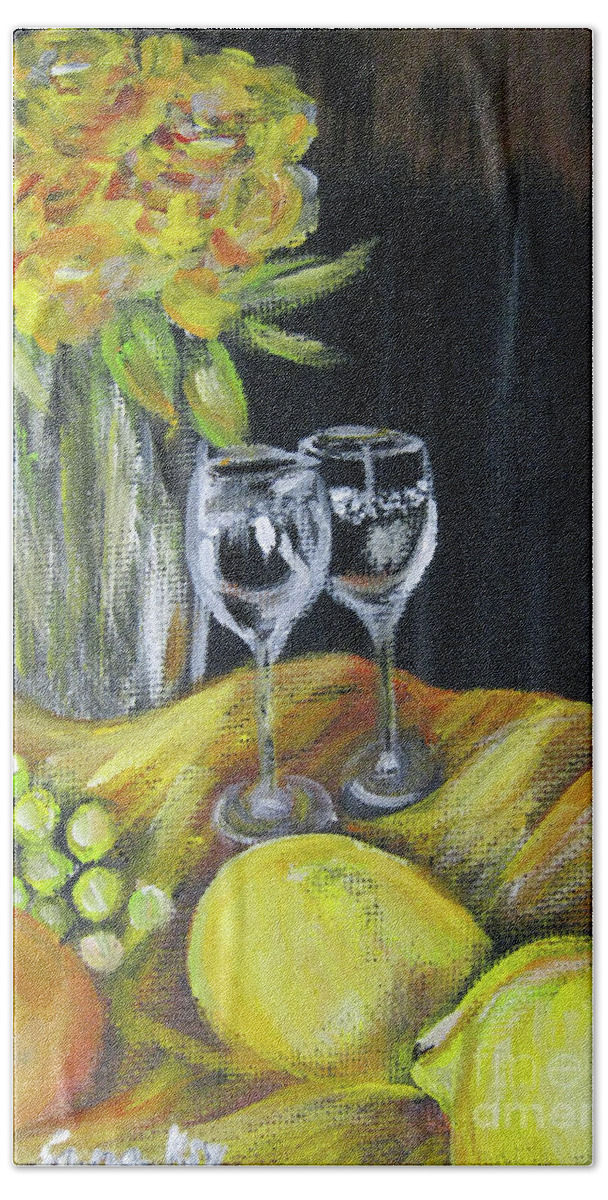 Original Acrylic Painting Bath Towel featuring the painting Still Life with wine glasses, Roses and Fruit. Painting by Oksana Semenchenko
