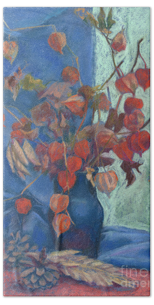  Pastel Hand Towel featuring the painting Still life with winter cherry by Julia Khoroshikh