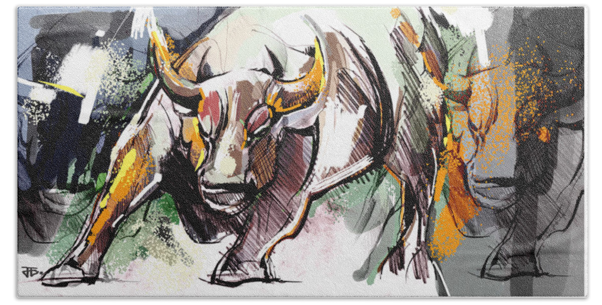 Stock Market Bull Hand Towel featuring the painting Stock Market Bull by John Gholson