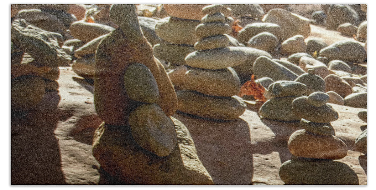 Stones Bath Towel featuring the photograph Stone Cairns 7791-101717-1cr by Tam Ryan