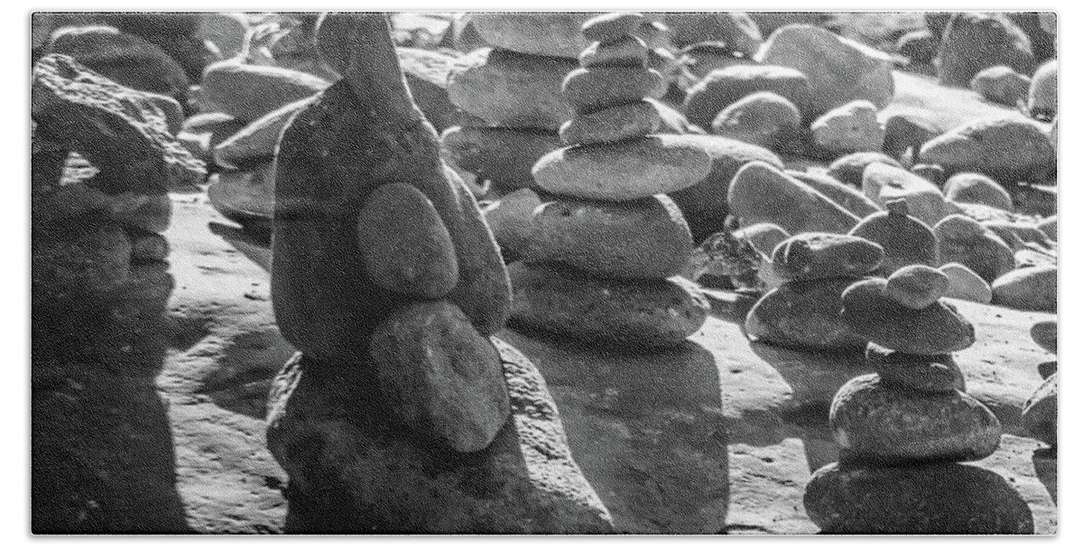 Stones Bath Towel featuring the photograph Stone Cairns 7791-101717-2cr-bw by Tam Ryan