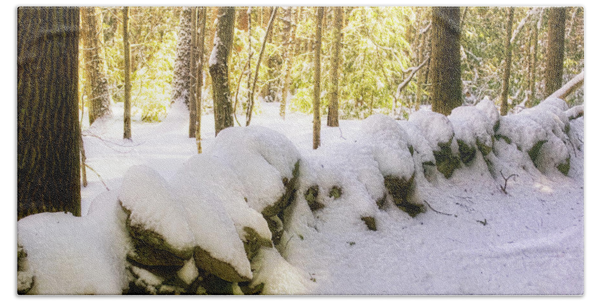 Winterscapes Hand Towel featuring the photograph Stone Wall in Winter by Gary Shepard
