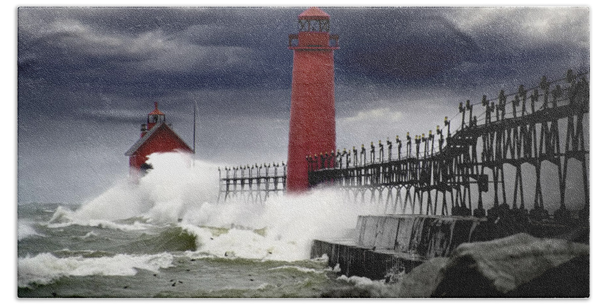 Art Hand Towel featuring the photograph Storm at the Grand Haven Lighthouse by Randall Nyhof