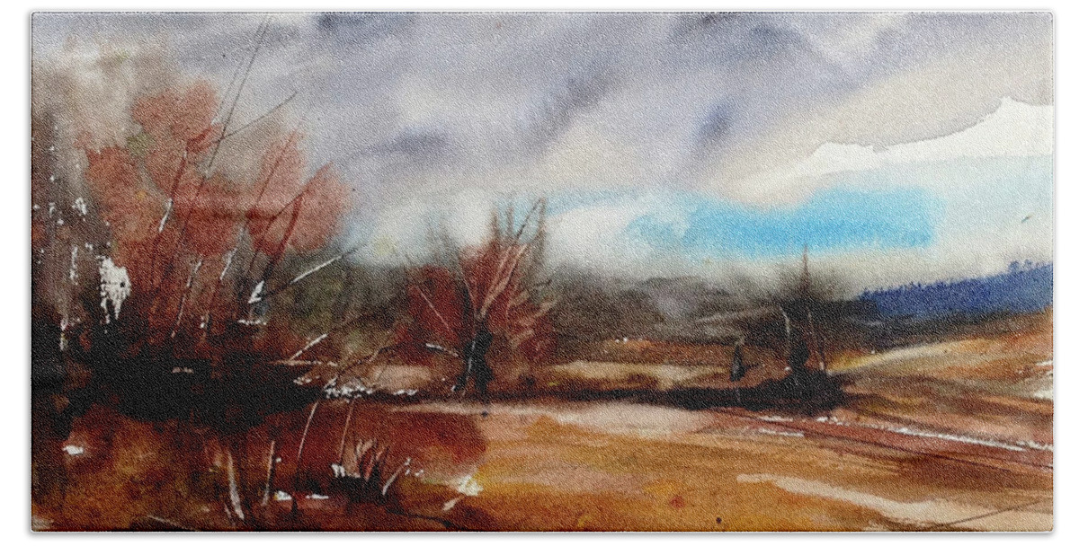 Watercololor Bath Towel featuring the painting Storm Clouds on the Lane by Judith Levins