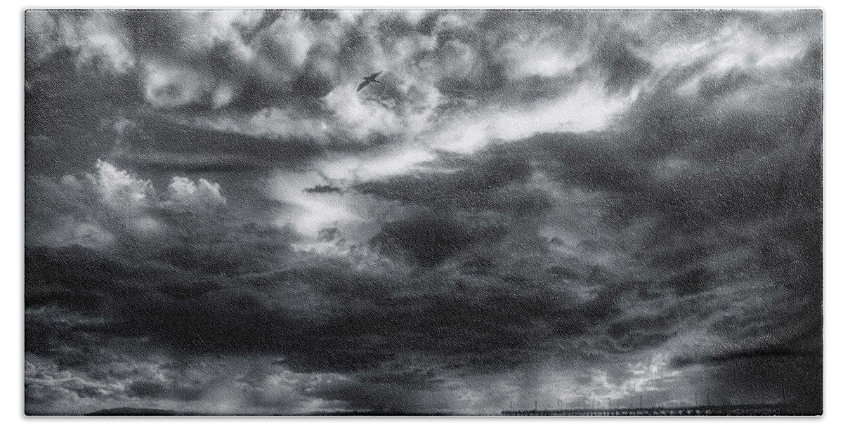 Storm Clouds Bath Towel featuring the photograph Storm Clouds Ventura CA Pier by John A Rodriguez