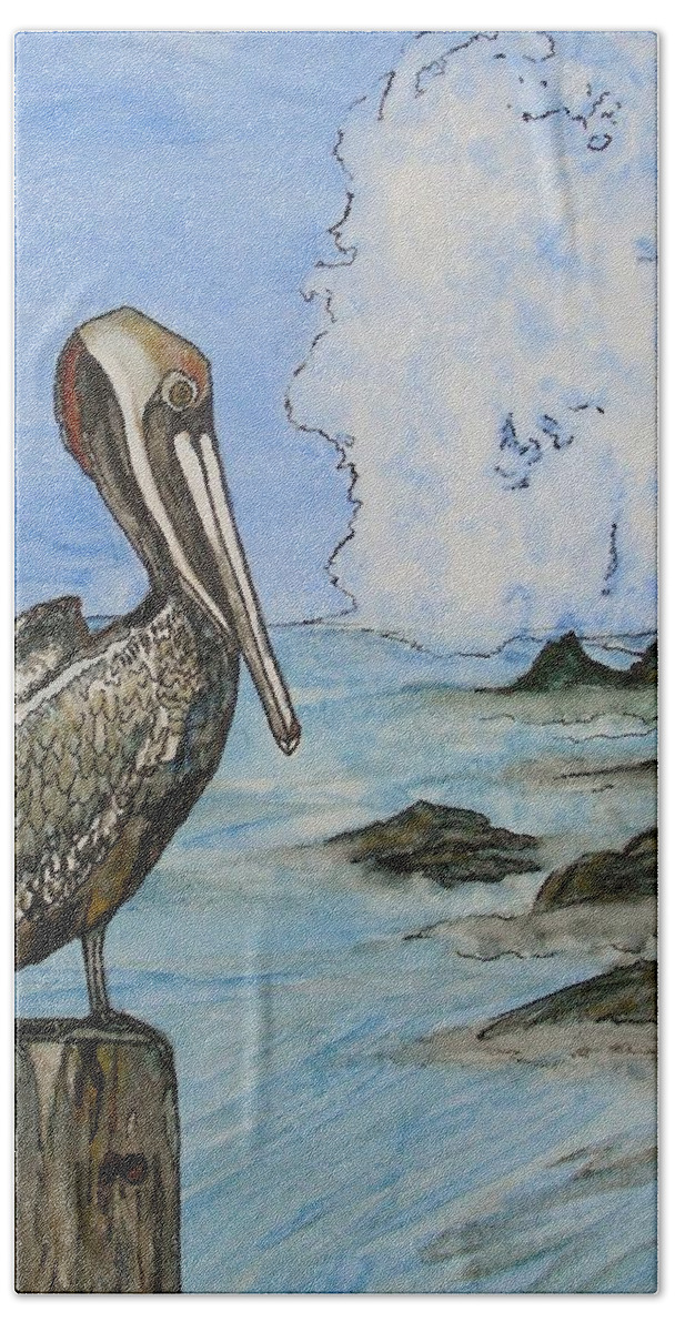 Brown Pelican Bath Towel featuring the painting Storm Warch by Lyn Hayes