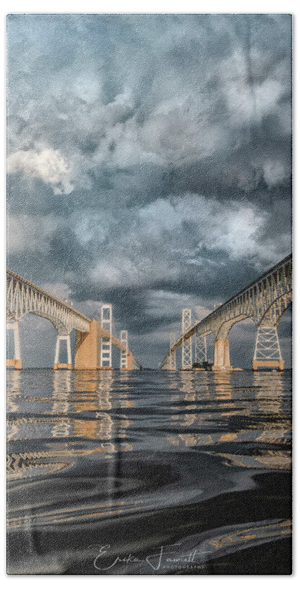 Chesapeake Bay Bridge Bath Towel featuring the photograph Stormy Chesapeake Bay Bridge by Erika Fawcett