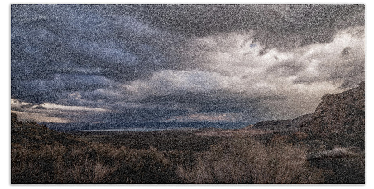Stormy #california #mono Lake #adventure #clouds #cloudy #cloudy Day #desert #lake #landscape #mountains #nature #scenic #travel #water Hand Towel featuring the photograph Stormy Day by Cat Connor