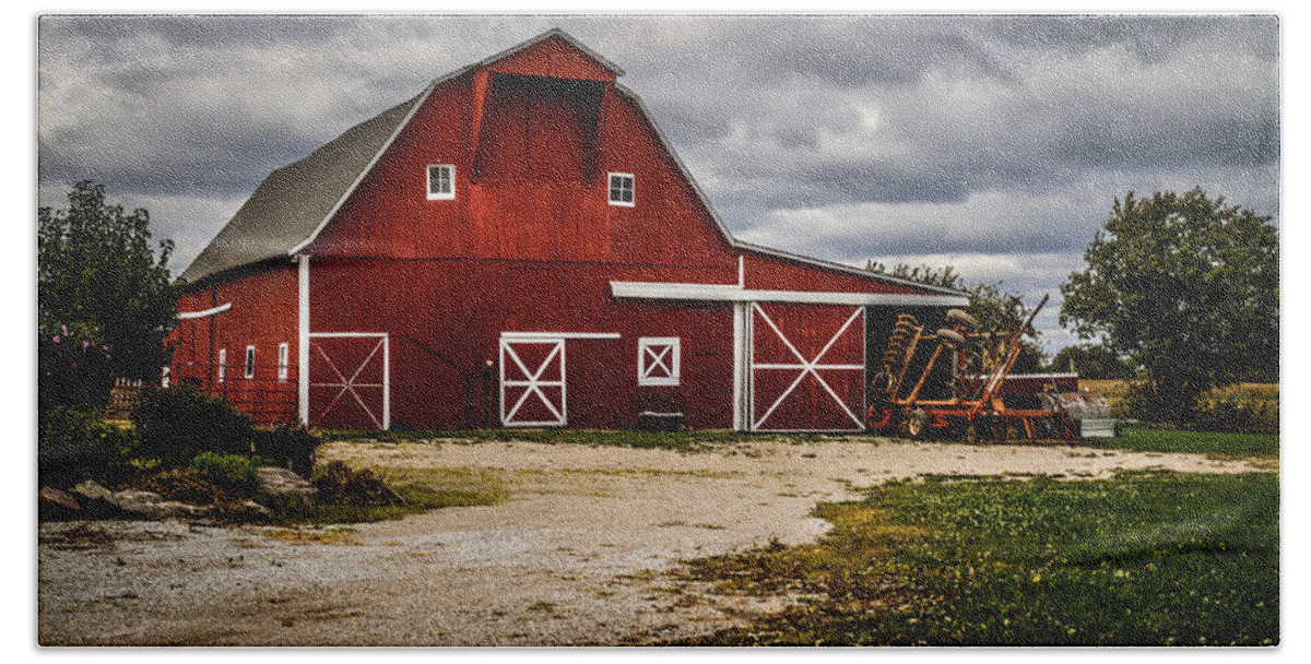 Barn Hand Towel featuring the photograph Stormy Red Barn by Ron Pate