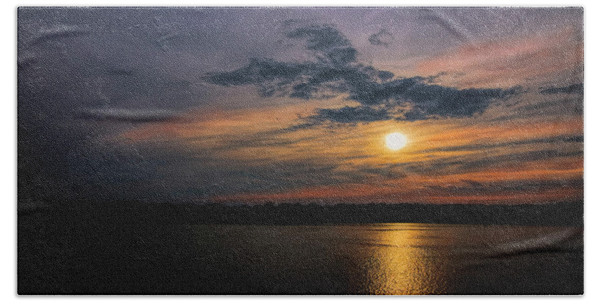Stormy Sunset Over Belleville Lake Bath Towel featuring the photograph Stormy Sunset over Belleville Lake by Pat Cook