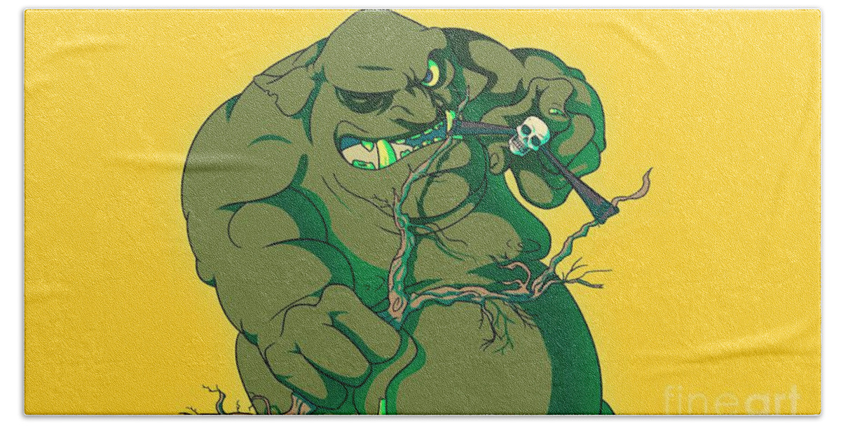 Ogre Bath Towel featuring the digital art Storybook ogre shooting heads by Jorgo Photography