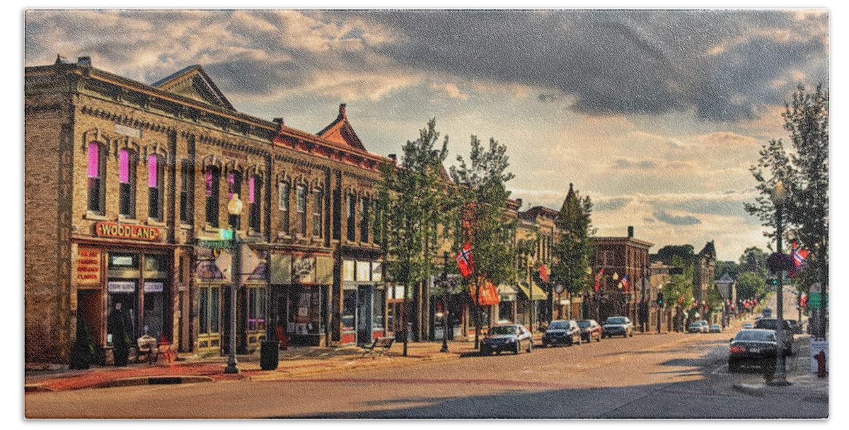 Stoughton Wi Wisconson Downtown Nostalgic Main Street Architecture Midwest Hand Towel featuring the photograph Stoughton WI - Downtown Americana by Peter Herman